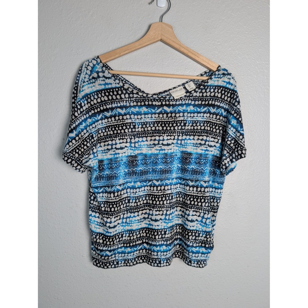 Rachel Zoe Blouse Womens L Blue Scoop Neck Short Sleeve‎ Linen Striped Fit